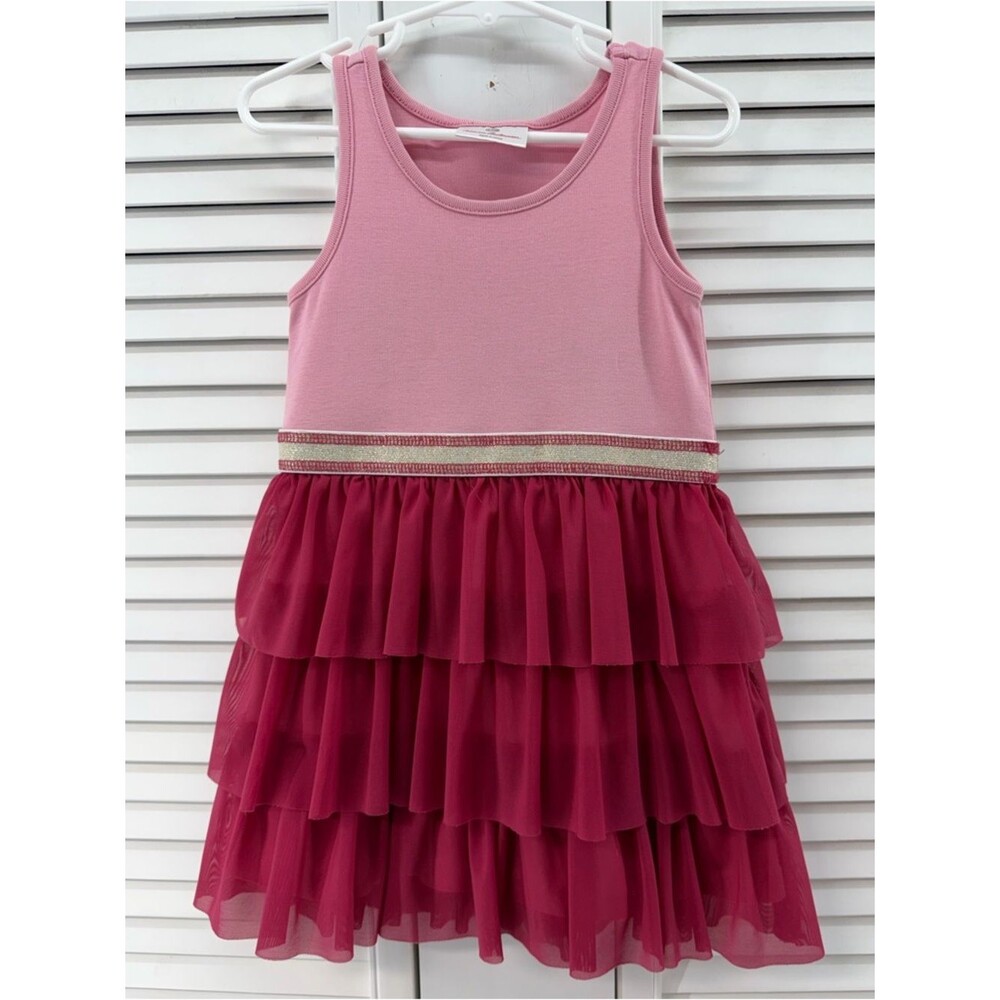 Hanna Andersson size 100 4 Girls Pink Tiered Tulle Dress with Glitter Waistband